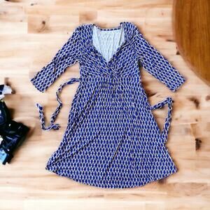 Liz Lange Women's Blue and Tan Maternity 3/4 Sleeve Dress w/ Tie | Size S